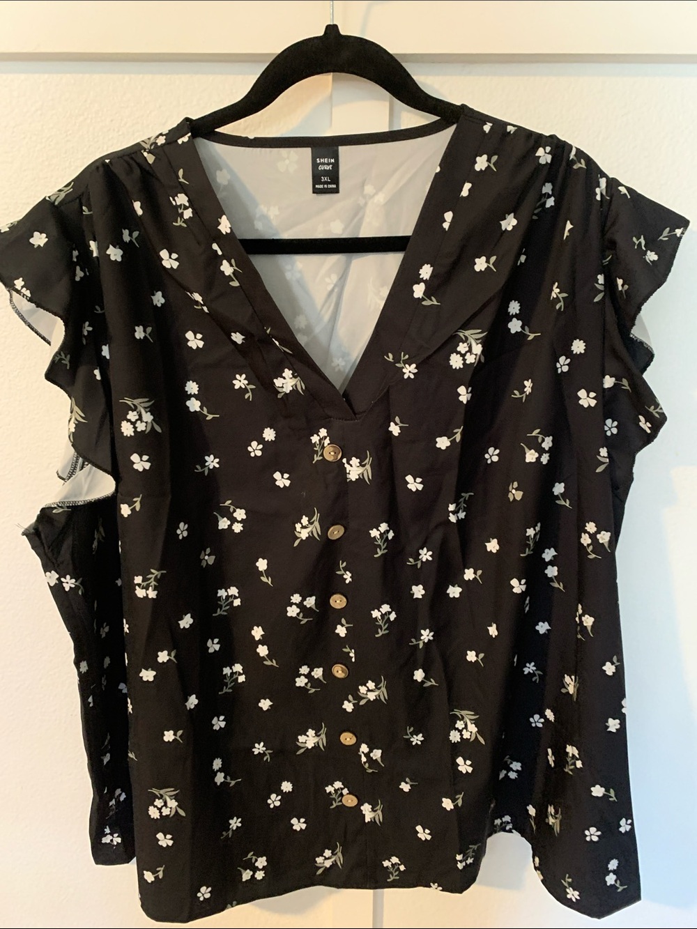 SHEIN Black Floral V-Neck Button Front Top with Flutter Sleeves